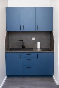 une cuisine avec des armoires bleues et un évier dans l'établissement Azzurro City Sarajevo, à Sarajevo