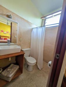a bathroom with a toilet and a sink and a mirror at Casa Mi María in Campeche +31 photos