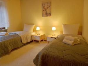 a bedroom with two beds and two lamps on tables at Ferienhaus am Knoten T12 Küche, Grill, Terrasse, Haustier Willkommen ww-knoten Reihenhaus in Greifenstein