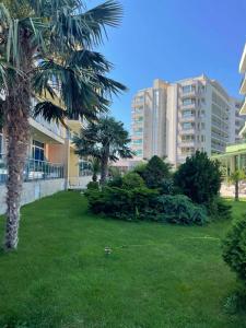 a green yard with palm trees and a building at Apart hotel Gallery L in Sunny Beach