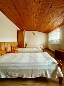 Un dormitorio grande con dos camas y techo de madera. en Torlacite, en Chiprovtsi