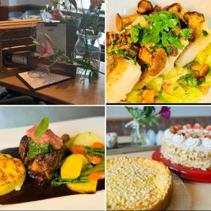 a collage of four pictures of different types of food at Landhotel Vessens Hoff in Buchholz in der Nordheide
