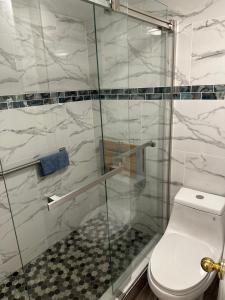 Un baño con inodoro y ducha de cristal. en Melbourne Prime Season - 2 month minimum, en West Melbourne