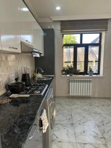 ガバラにあるFamily Villa QeBelleのキッチン(コンロ、シンク付)、窓が備わります。