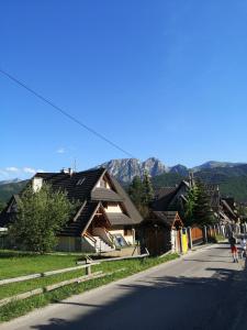 una strada in un villaggio con montagne sullo sfondo di SKI & HIKE ZAKOPANE Apartments a Zakopane
