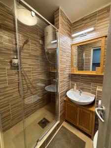 un bagno con doccia e lavandino di Kuckó a parton a Fonyód
