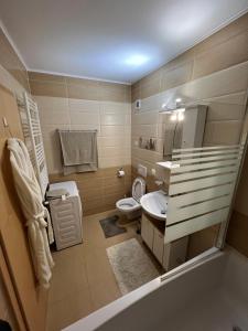 Un baño pequeño con inodoro y lavabo. en Smile house, en Brasov