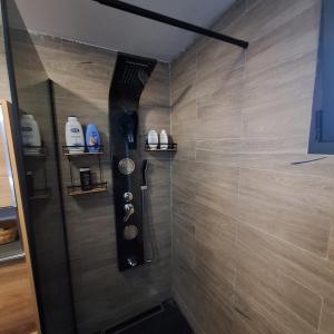 a shower in a bathroom with a brown tiled wall at Vila Tea Durmitor in Žabljak