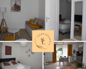 een collage van drie foto's van een woonkamer bij Cozy atmosphere near Eurexpo and Groupama Stadium, 6 personnes in Saint-Priest