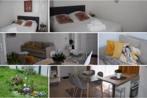 een collage van foto's van een slaapkamer en een woonkamer bij Cozy atmosphere near Eurexpo and Groupama Stadium, 6 personnes in Saint-Priest