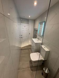 a white bathroom with a toilet and a sink at Minster Bells Suite in York +24 photos