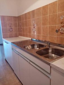 a kitchen with a stainless steel sink and a counter at Apartments More in Skrivena Luka