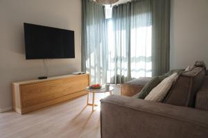 Televízia a/alebo spoločenská miestnosť v ubytovaní Doki STARling Apartment