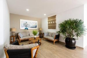 - un salon avec deux canapés et une plante en pot dans l'établissement Cristal bay 1504 lujosa habitación frente al mar, à Mazatlán