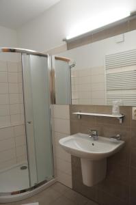 y baño con lavabo y ducha. en Hotel Kaskada, en Ledeč nad Sázavou