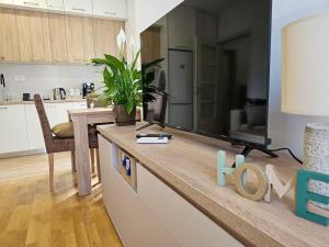 a kitchen with a counter with a tv on it at Blanc in Podgorica