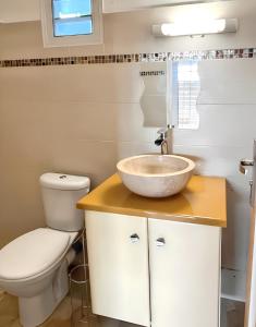 ein Bad mit einem Waschbecken und einem WC in der Unterkunft Maison d'une chambre avec piscine privee jardin clos et wifi a Port Louis in Port-Louis