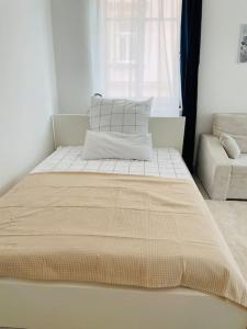a large bed in a room with a window at Studio-Apartment mit Balkon in Dresden
