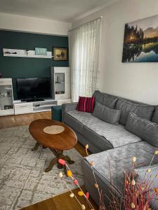 ein Wohnzimmer mit einem Sofa und einem Tisch in der Unterkunft Prishtina Central Apartment in Pristina