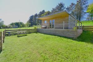 Cabaña de madera pequeña en un campo con banco en Anniston Mill Cabin 2, en Arbroath 9 fotos más