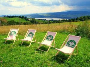 three chairs sitting in the grass in a field at Woda Góry Las - glamping CAŁOROCZNY in Szlembark