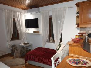 a small living room with a table and a television at Seaview studio in Neapoli Voion