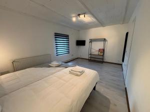 een slaapkamer met een groot wit bed en een televisie bij Spacious holiday home with garden in Elsenborn