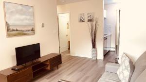 un salon avec une télévision et un canapé dans l'établissement #304 Mountain View 1BR in Canmore DT, à Canmore 5 autres photos