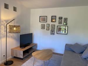 un soggiorno con divano e TV a schermo piatto di Villa Oliera a Saint-Florent