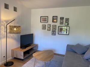 a living room with a couch and a flat screen tv at Villa Oliera in Saint-Florent