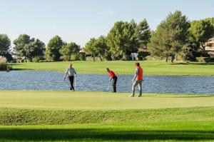 eine Gruppe von drei Männern, die auf einem Golfplatz Golf spielen in der Unterkunft Les maisons et villas de Pont Royal en Provence - maeva Home - Maison cosy et fe in Mallemort