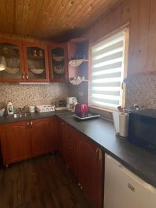 a kitchen with wooden cabinets and a black counter top at Sunny Faház in Poroszló
