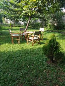 una mesa de picnic y sillas en el césped en Teresita Home, en Nairobi