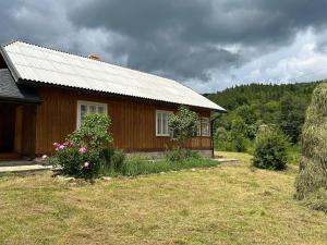 a house with a metal roof on a yard at Вершище in Urych