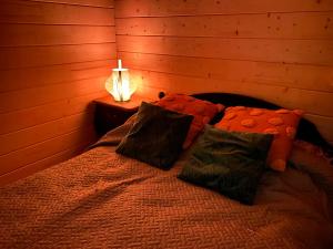 Cama en habitación de madera con lámpara en Jausa metsamaja en Jausa