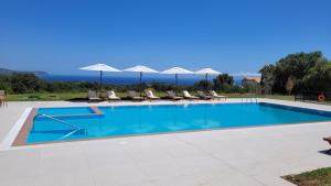 a large swimming pool with chairs and umbrellas at Rodi Studios in Karavadhos