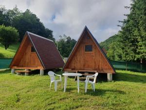 a house with a table and chairs in the grass at GLAMPING HOUSE ˇVITAˇ in Tolmin