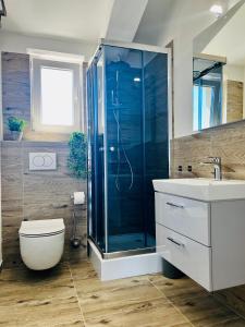 a bathroom with a shower and a toilet and a sink at Apartments MIRNO MORE, Rogoznica in Rogoznica +35 photos