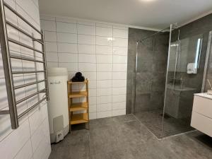 a bathroom with a shower and a glass shower stall at Charming 3-Bedroom Apartment in the Heart of Kristiansund in Kristiansund +32 photos