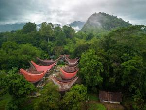 an overhead view of a group of buildings in a forest at Ne Pakku Manja Family Home in Rantepao