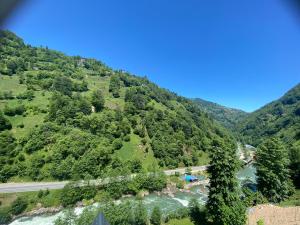 een uitzicht op een berg met een rivier en een weg bij Sisorti süit bungalov in Rize
