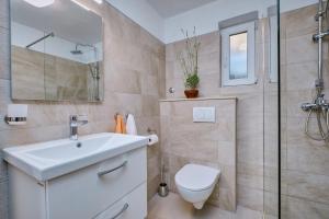 a bathroom with a toilet and a sink and a shower at Deja near centar and Čikat bay with private parking in Mali Lošinj +16 photos