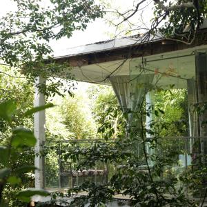 a porch of a house with a table and chairs at Nkofu Forest Cottage - Kitende in Wakiso