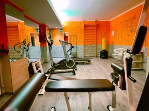 una palestra con diverse attrezzature per esercizi in una stanza di Hotel Britannia a Genova