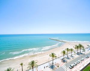 an aerial view of a beach with palm trees and cars at Castellmar vista mar Orangecosta in Benicàssim
