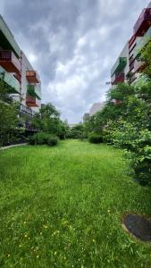 un campo de césped verde junto a algunos edificios en Home Sweet Home, en Saint-Denis