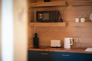a kitchen with a counter top with a microwave at Mountain-view double villa, pet-friendly, ideal for long stays Svaneti Countryside 3 in Mestia