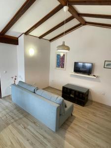 a living room with a blue couch and a tv at Apartment Grappa in Vrbnik