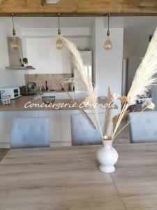 a white vase with some dry grass in a kitchen at Les Bosquets in Alès