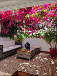 un patio con fiori rosa, un divano e un tavolo di CASA DA AVO by Ammonite&Co a Olhão
